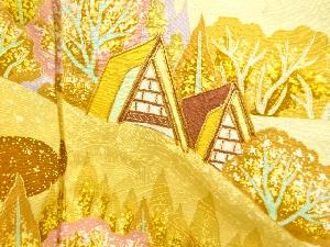 アンティーク　家屋･樹木風景模様刺繍着物